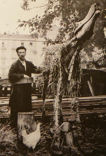 Гавриил Анкудинов во дворе своего дома с заготовкой чучела лося