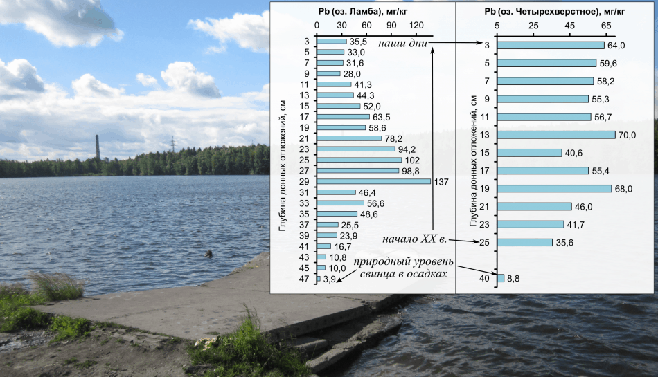 Рост концентраций свинца в донных отложениях озер  Петрозаводска в современное время (от начала XX в. до наших дней), на заднем фоне – вид на оз. Четырехверстное летом. Фото и рисунок Захара Слуковского