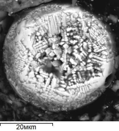 Техногенная частица оксида железа с примесью никеля из отложений озера Комсомольское (mkm – микрометр)